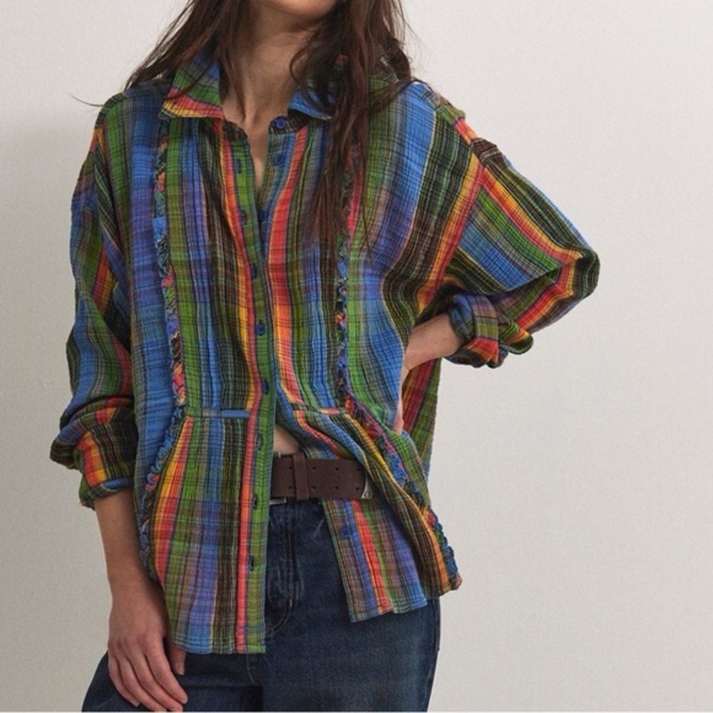 We The Free Madras Multicolor Striped Oversized Top, Size S